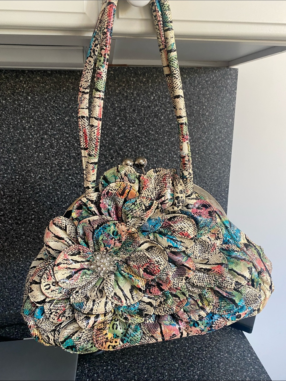 Floral Multicolor Evening Handbag with Pearl Center